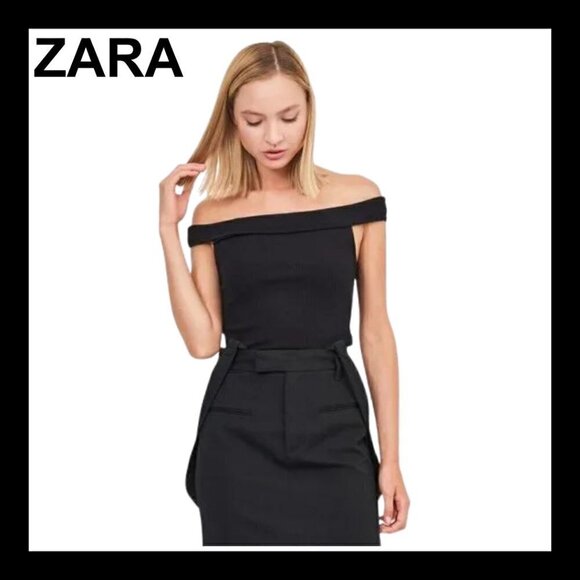 NWT ZARA Black off-shoulder ribbed crop top - Picture 1 of 9
